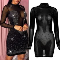 Sexy See-through Gauze Spliced Long Sleeve Mock Neck Rhinestone Dress