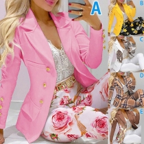 OL Style Long Sleeve Colorful Printed Blazer Coat + Pants Two-piece Set