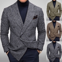 Business Style Long Sleeve Double-breasted Plaid Suit Coat for Man