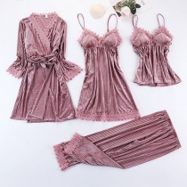 Sexy Backless V-neck Lace Spliced Solid Color Pleuche Nightwear Four-piece Set