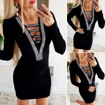 Sexy Hollow Out V-neck Long Sleeve Slim Fit Rhinestone Spliced Party Dress