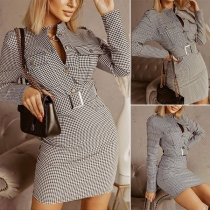 OL Style Long Sleeve Stand Collar Slim Fit Plaid Dress with Waistband