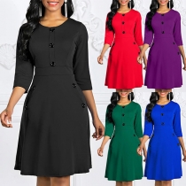 Elegant Solid Color 3/4 Sleeve Round Neck High Waist Slim Fit Button Dress