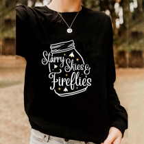 Casual Style Long Sleeve Round Neck Letters Fireflies Printed Loose Sweatshirt