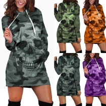 Fashion Camouflage Printed Long Sleeve Hooded Halloween Sweatshirt Dress