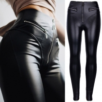 Fashion High Waist Solid Color Slim Fit PU Leather Pants