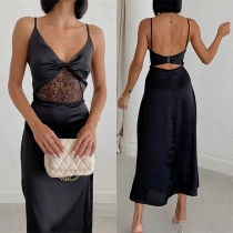 Sexy Lace Spliced High Waist Twisted V-neck Solid Color Sling Party Dress