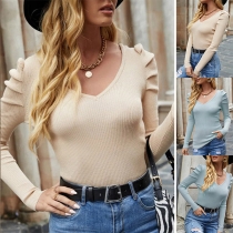 Simple Style Puff Sleeve V-neck Solid Color Slim Fit T-shirt