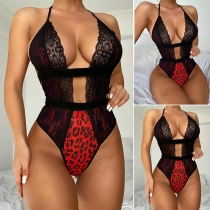 Sexy Backless Deep V-neck Leopard Printed Lace Halter One-piece Bodysuit