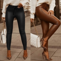 Fashion Solid Color Lace-up High Waist Slim Fit Rivets PU Leather Pants