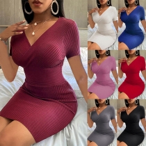 Sexy V-neck Short Sleeve High Waist Solid Color Slim Fit Dress