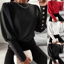 Fashion Button Lantern Sleeve Round Neck Solid Color Top