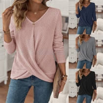 Fashion Solid Color Long Sleeve V-neck Irregular Slit Hem T-shirt