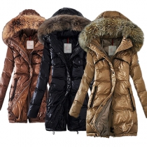 Fashion Solid Color Faux Fur Spliced Hooded Slim Fit Warm Padded Coat