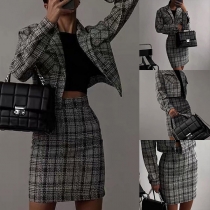 OL Style Long Sleeve Plaid Blazer + High Waist Skirt Two-piece Set