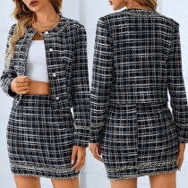 OL Style Long Sleeve Plaid Blazer + High Waist Skirt Two-piece Set