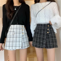 Fashion High Waist Front-button Irregular Hem Plaid Skirt