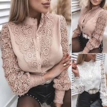 Sweet Style Lace Spliced Long Sleeve Stand Collar Shirt