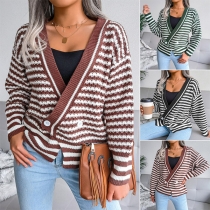 Fashion Solid Color Long Sleeve V-neck Striped Knit Cardigan