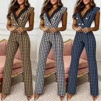 OL Style Sleeveless V-neck High Waist Slim Fit Houndstooth Jumpsuit