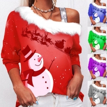 Sexy Off-shoulder Faux Fur Spliced Snowman Pattern Sling Top