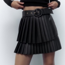 Fashion Solid Color High Waist PU Leather Pleated Skirt with Waistband