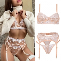 Sexy See-through Gauze Flower Embroidery Lingerie Three-piece Set