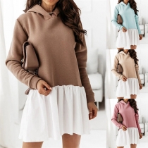 Fashion Contrast Color Long Sleeve Ruffle Hem Hooded Sweatshirt Dress