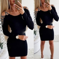 Sexy Rhinestone Hollow Out Long Sleeve Round Neck Solid Color Tight Dress