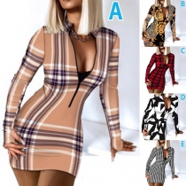 Fashion Long Sleeve Stand Collar Front-zipper Slim Fit Printed Dress