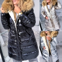 Fashion Faux Fur Spliced Hooded Long Sleeve Slim Fit Warm Padded Coat