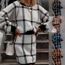 Fashion Dolman Sleeve Round Neck Plaid Top + Skirt Two-piece Set