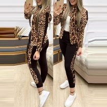Fashion Leopard Spliced Stand Collar Sweatshirt Coat +Pants Two-piece Set