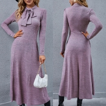 Sweet Style Lace-up Bow-knot Collar Long Sleeve Solid Color Slim Fit Dress