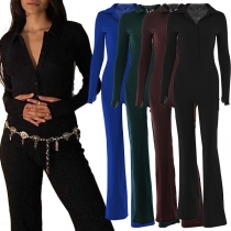 Fashion Solid Color Long Sleeve POLO Collar High Waist Slim Fit Jumpsuit