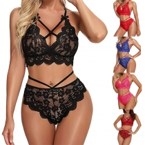 Sexy Solid Color Backless Crossover Lace Lingerie Set