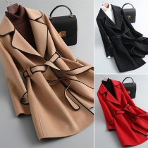 Fashion Contrast Color Long Sleeve Slim Fit Duffle Coat with Waist Strap