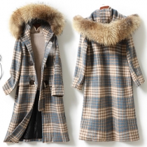 Fashion Faux Fur Spliced Hooded Long Sleeve Plaid Duffle Coat