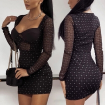 Sexy Gauze Spliced Long Sleeve V-neck Rhinestone Tight Dress
