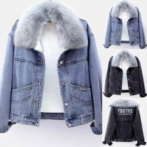 Fashion Detachable Faux Fur Collar Long Sleeve Plush Lining Denim Coat