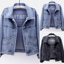 Fashion Long Sleeve POLO Collar Letters Printed Denim Coat