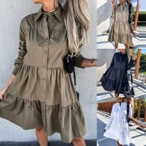 OL Style Long Sleeve POLO Collar Solid Color Loose Shirt Dress