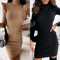 Fashion Solid Color Long Sleeve Turtleneck Ruffle Slim Fit Knit Dress