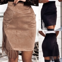 Fashion Solid Color High Waist Slim Fit Tassel Skirt