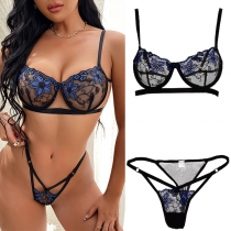 Sexy See-through Gauze Flower Embroidery Lingerie Set