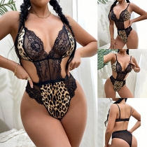 Sexy Backless Deep V-neck Lace Spliced Leopard Printed One-piece Lingerie