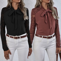 Sweet Style Lace Spliced Long Sleeve Lace-up Bow-knot Collar Shirt