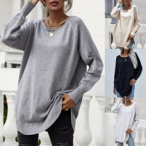 Casual Style Long Sleeve Round Neck Arc Hem Solid Color Loose Knit Top