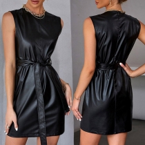 Retro Style Sleeveless Round Neck Slim Fit PU Leather Dress with Waist Strap