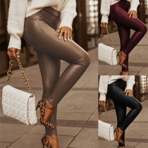 Fashion High Waist Solid Color Tight PU Leather Pants